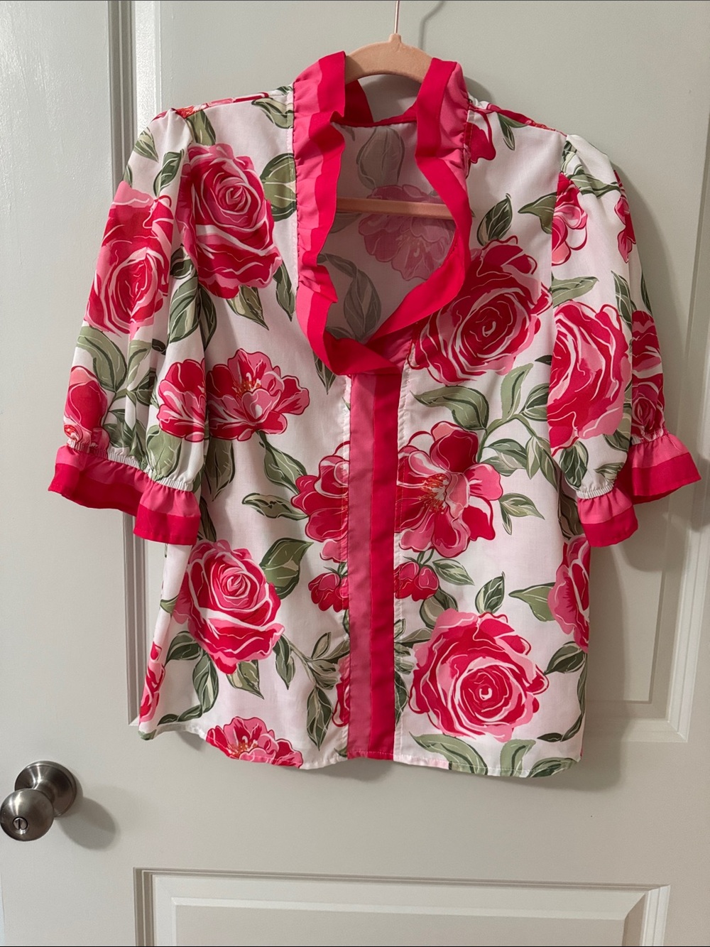 Floral Ruffle V-Neck Puff Sleeve Top - Pink/White